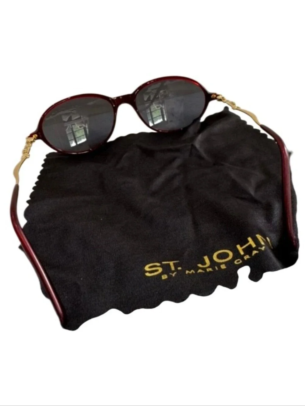 Rare Vintage 80s ST. JOHN by Marie Gray Burgundy & Gold Chain Sunglasses w/ Case